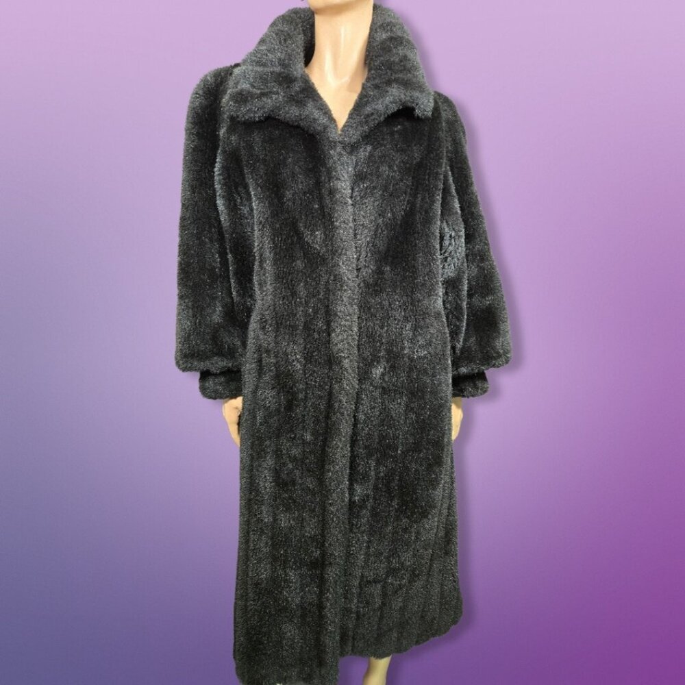 Vintage 80s Black Full Length Faux Fur Coat Size M Jacket Glam Mob Wife